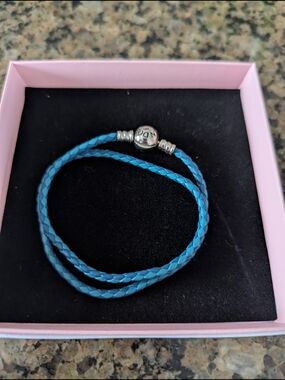 Authentic Pandora Blue Braided Leather Wrap Bracelet with Silver Clasp